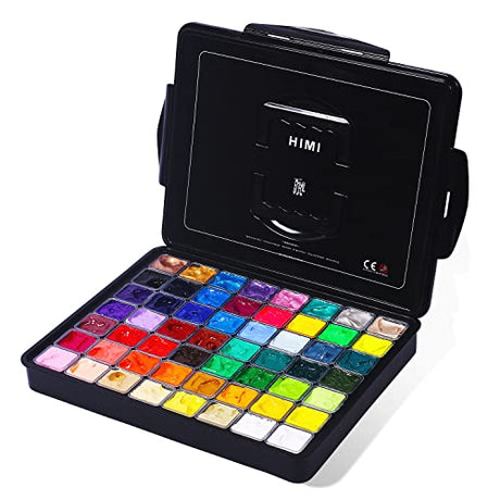 HIMI Gouache Paint Set, 56 Colors x 30ml Include 8 Metallic and 6 Neon Colors, Unique Jelly Cup Design in a Carrying Case Perfect for Artists, Artme