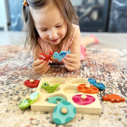 Montessori Mama Wooden Baby Dinosaur Toddler Puzzle - Dual Layered Match & Cover Educational Toys for Toddlers 1-3 Enhancing Cognitive Skills & Montessori Mama