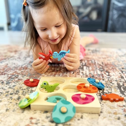 Montessori Mama Wooden Baby Dinosaur Toddler Puzzle - Dual Layered Match & Cover Educational Toys for Toddlers 1-3 Enhancing Cognitive Skills & - WoodArtSupply