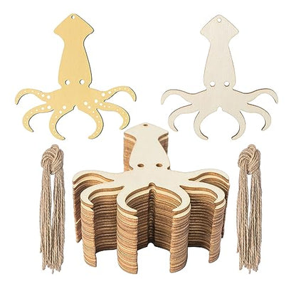 Unfinished Octopus Shaped Wood Squid Wood Tag Hanging Wood Cutout Blank Wood Slices Wooden Gift Tags with Twine for Beach & Nautical Decor Christmas