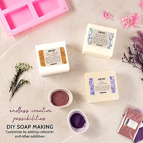 Pifito Soap Making Kit │ DIY Soap Making Supplies - 3 lbs Melt and Pour Soap Base (Goats Milk, Shea Butter, Clear), 10-Pack Mica "Original" Colorants Pifito