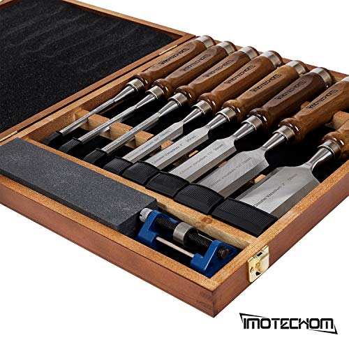 IMOTECHOM 10-Pieces Woodworking Wood Chisel Set with Wooden Box, Honing Guide, Sharpening Stone, Razor Sharp CR-V 60 Steel Blades - WoodArtSupply