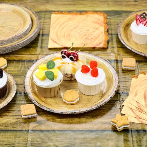 81Pcs Wood Party Decorations - Wood Paper Plates and Napkin Sets, Wood Grain Tablecloth for Lumberjack Rustic Party Decorations Woodland Decorations PTECDROTS