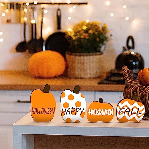 Thyle 4 Pcs Thanksgiving Fall Wooden Pumpkin Cutouts with a Holder 4 Design Unfinished Pumpkin Shaped Table Wooden Signs Blank Wood Pumpkin Cutout Thyle