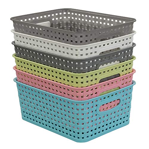 Rinboat Mixed Color Rectangle Storage Baskets, Plastic Weave Shelf Baskets, 6 Packs Rinboat
