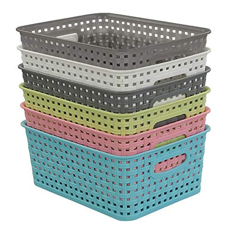 Rinboat Mixed Color Rectangle Storage Baskets, Plastic Weave Shelf Baskets, 6 Packs Rinboat