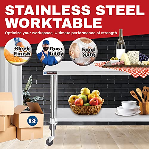 Food Prep Stainless Steel Table - DuraSteel 30 x 72 Inch Metal Table Cart - Commercial Workbench with Caster Wheel - NSF Certified - For Restaurant, DuraSteel