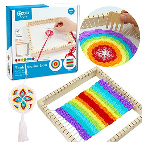 Coola Wooden Multi - Weaving Loom Kit for Kids Beginners Art and Craft Mini Loom(9 x 9in) Handcraft Including Crafting Kit,Wood Loom Frame,Colored Coola