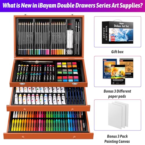 iBayam Deluxe Art Set, 195-Pack Artist Gift Box, Arts and Crafts Drawing Painting Kit Art Supplies for Adults Kids, Art Kits Paint Set with 24 - WoodArtSupply