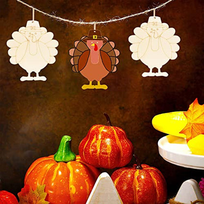 25 Pieces Thanksgiving Unfinished Wooden Cutouts Wood Turkey Shaped Ornaments Wooden DIY Crafts Hanging Gift Tags with Hole Hemp Ropes for Fall