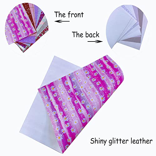 Shalun 50pcs A4 Random Printed Fine Glitter Faux Leather Sheets 8x12inch  Shiny Rainbow Mermaid Flower Butterfly Pattern PU Canvas Fabric for Cricut