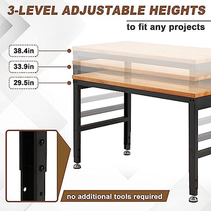 HABUTWAY Height Adjustable Workbench 48" 2000 Lbs Capacity Oak Wood Work Station Heavy-Duty Work Benches for Garage Party Shop Office