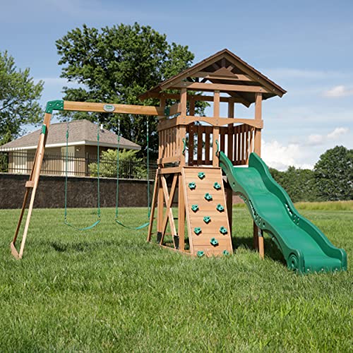 Backyard Discovery Lightning Ridge All Cedar Wooden Swing Set, Raised Clubhouse, 2 Belt Swings, 10 Inch Wave Slide, Ladder, Climbing Rock Wall Brown Backyard Discovery