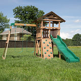 Backyard Discovery Lightning Ridge All Cedar Wooden Swing Set, Raised Clubhouse, 2 Belt Swings, 10 Inch Wave Slide, Ladder, Climbing Rock Wall Brown Backyard Discovery