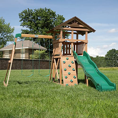 Backyard Discovery Lightning Ridge All Cedar Wooden Swing Set, Raised Clubhouse, 2 Belt Swings, 10 Inch Wave Slide, Ladder, Climbing Rock Wall Brown - WoodArtSupply