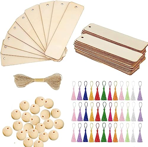 133Pcs Wood Blank Bookmarks Set, BetterJonny 36Pc Craft Bookmark with 36Pc Tassels 1 Roll Ropes and 60Pc Wooden Beads DIY Unfinished Wood Tags for - WoodArtSupply