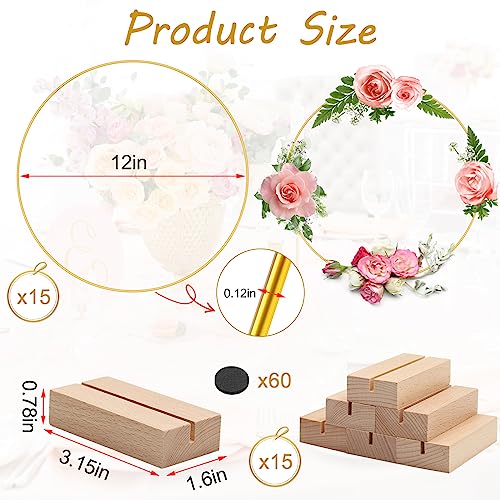 15Pcs 12 Inch Metal Floral Hoop Centerpiece with 15 PCS Wood Place Card Holders and Adjustable Foot Pads, Gold Wreath Macrame Hoop Rings Decorations trophable