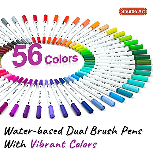 Shuttle Art Dual Brush Pens Art Markers, 56 Colors Dual Tip Calligraphy Pens Fineliner and Brush Tip perfect for Kids Adult Artist, Hand Lettering,