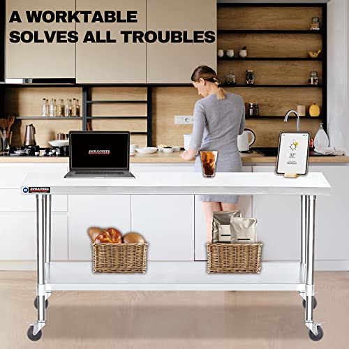 Food Prep Stainless Steel Table - DuraSteel 30 x 72 Inch Metal Table Cart - Commercial Workbench with Caster Wheel - NSF Certified - For Restaurant, DuraSteel