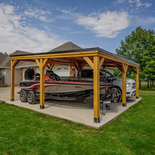 Backyard Discovery Kingsport 20 ft. x 20 ft. All Cedar Wooden Carport Gazebo with Hard Top Steel Roof - WoodArtSupply