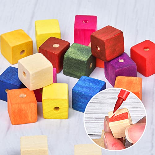 Supkiir Wood Craft Cubes, 100Pcs Wooden Craft Blocks with Holes, Unfinished Wood Cubes for DIY Projects Craft Alphabet Blocks, Small Wooden Square