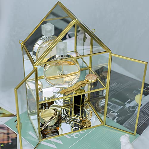 Wall Glass Cabinet Display for Perfume, Small Glass Display Curio Cabinets with Doors Wall Mounted, 2 Tiered Small Gold Curio Cabinet with Mirror Smilkat