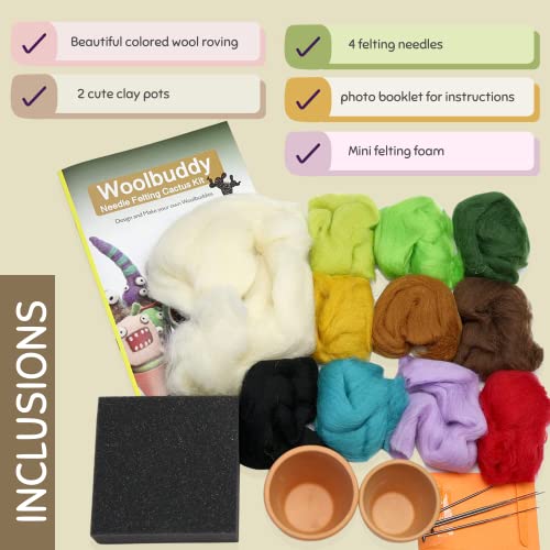 Woolbuddy Needle Felting Kit, Cactus Monster Felting Kit for Beginner Adults, Kids Needle Felting Kit Succulent, 4 Felting Needles, Felting Wool, Woolbuddy