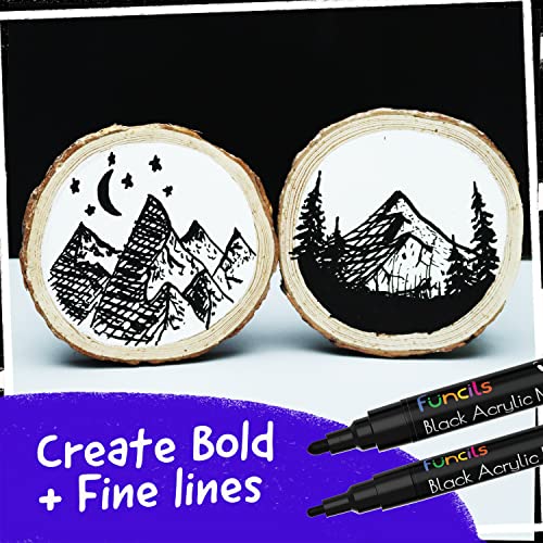 Funcils 5 Acrylic Black Paint Pen - Fine Tip, Thin Point & Jumbo Pens (1mm, 3mm, 6mm, 10mm, 15mm) - Black Paint Marker for Plastic, Canvas, Wood, Funcils