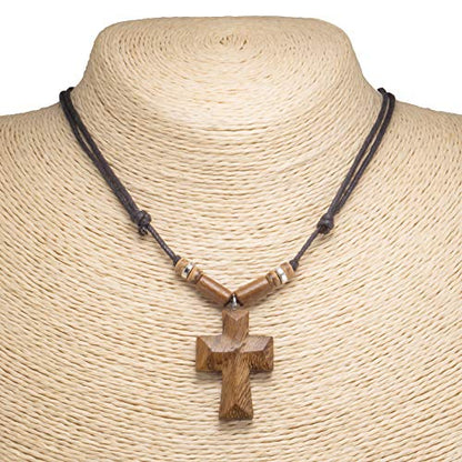 BlueRica Hand Carved Wood Cross on Adjustable Black Cord Necklace - WoodArtSupply