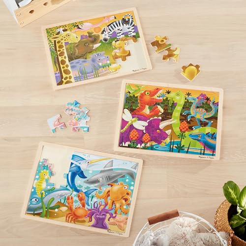 Melissa & Doug 3-Puzzle Jigsaw Set - Dinosaurs, Ocean, and Safari - Toddler Jigsaw Puzzles, Sea Creatures Wooden Puzzles, Dinosaur Puzzles, Animal Melissa & Doug