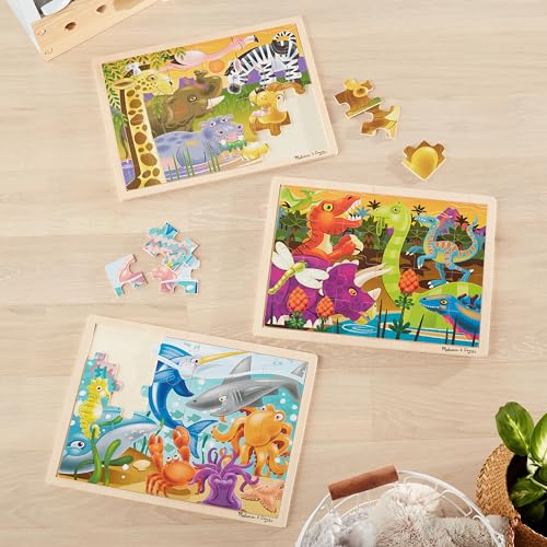 Melissa & Doug 3-Puzzle Jigsaw Set - Dinosaurs, Ocean, and Safari - Toddler Jigsaw Puzzles, Sea Creatures Wooden Puzzles, Dinosaur Puzzles, Animal - WoodArtSupply