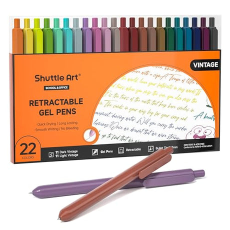 Shuttle Art Colored Retractable Gel Pens, 22 Unique Vintage Ink Colors, 11 Light and 11 Dark Vintage, Cute Pens 0.7mm Point Quick Drying for Writing Shuttle Art