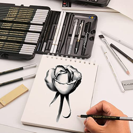 KALOUR 72-Pack Sketch Drawing Pencils Kit with Sketchbook and 3-color Drawing Paper,Tin Box,Include Graphite,Charcoal,Drawing Glove and Artists KALOUR