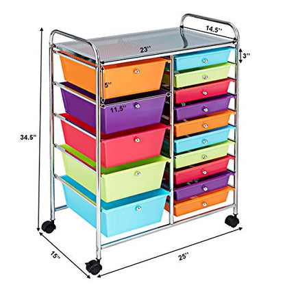 Giantex 15-Drawer Organizer Cart Office School Storage Cart Rolling Drawer Cart for Tools, Scrapbook, Paper (Multicolor) - WoodArtSupply