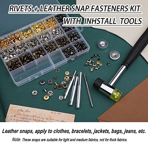 Yizzvb 320 Pcs Leather Rivets Kit, 60 Pcs Leather Snap Fasteners, 2 Size Leather Rivets Double Cap Rivet Kit, Double-Sided Nylon Hammer, 5 Pcs Yizzvb