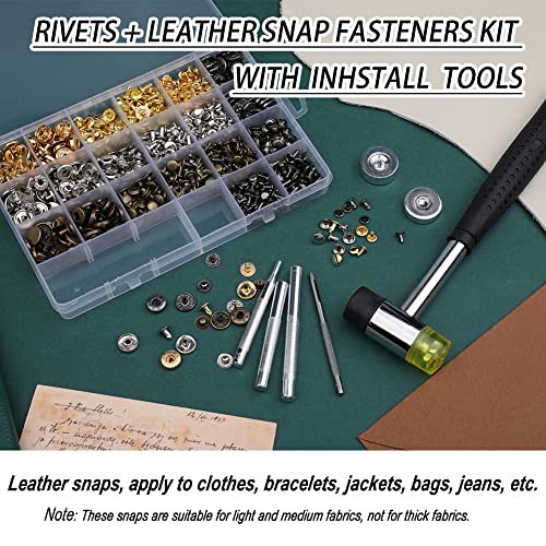 Yizzvb 320 Pcs Leather Rivets Kit, 60 Pcs Leather Snap Fasteners, 2 Size Leather Rivets Double Cap Rivet Kit, Double-Sided Nylon Hammer, 5 Pcs - WoodArtSupply