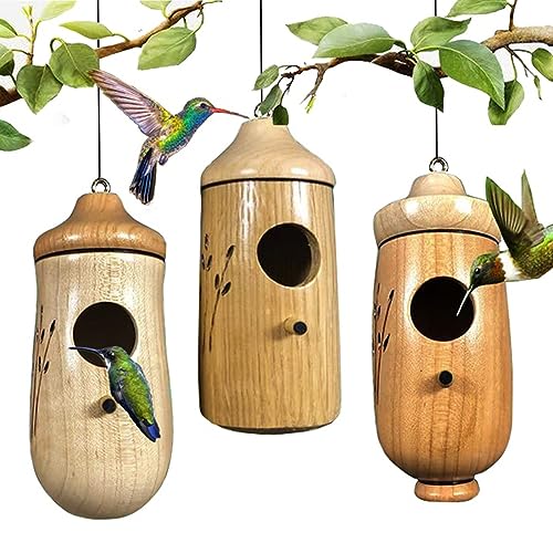 Wodpesur Hummingbird House - Natural Wooden Hummingbird Houses Bird Houses for Outside Hanging, Gardening Gifts Home Decoration, 3 Packs Wodpesur