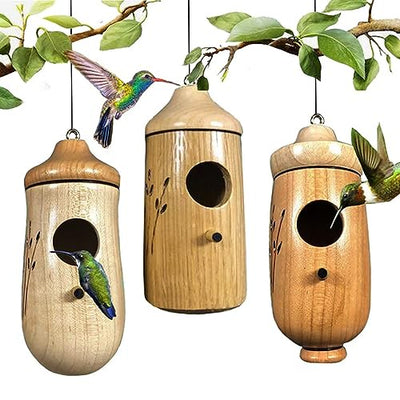 Wodpesur Hummingbird House - Natural Wooden Hummingbird Houses Bird Houses for Outside Hanging, Gardening Gifts Home Decoration, 3 Packs