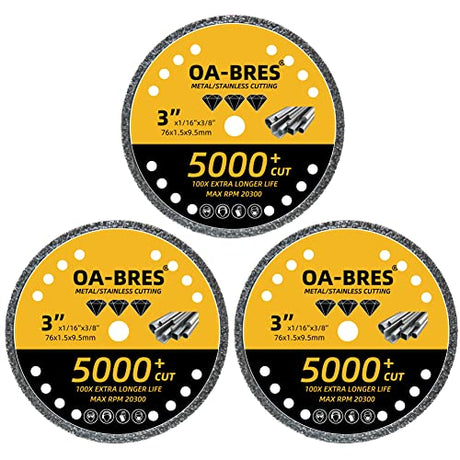 3Pack Diamond Cut Off Wheels, 3 Inch(75MM) Metal Cutting Wheel with 3/8 Inch(9.5MM) Arbor, Diamond Disc with 5000+ Cuts on Rebar, Steel, Iron and OA-BRES