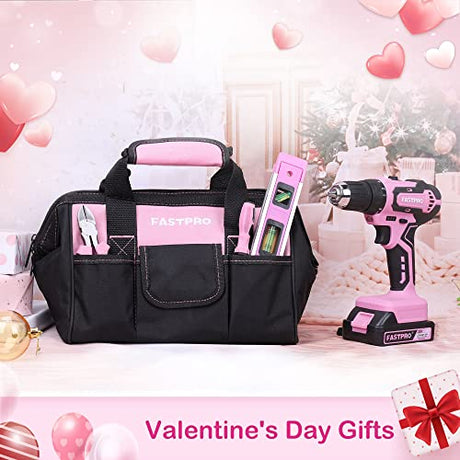 FASTPRO 232-Piece 20V Pink Cordless Lithium-ion Drill Driver and Home Tool Set, Lady's Repairing Kit with 12-Inch Wide Mouth Open Storage Bag FASTPRO