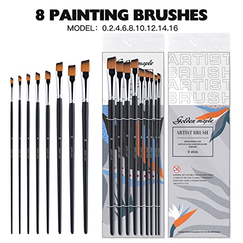 Angular Paint Brush, 9PC Oblique Tip Nylon Hair Long Handle Angled Paint Brushes Set Art Artist Professional Painting Supplies for Acrylic, golden maple