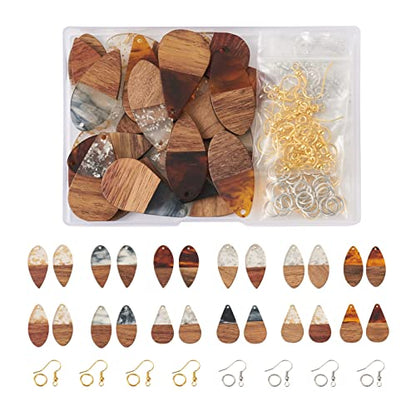 FASHEWELRY Resin Wood Earring Kit with 24Pcs Teardrop Wooden Resin Earring Charms Wood Earring Blanks Earring Findings Open Jump Rings French Earring