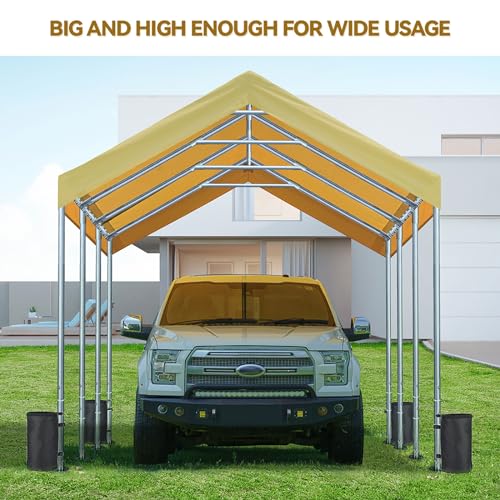 ADVANCE OUTDOOR 10x20 ft Heavy Duty Carport with Adjustable Height from 9.5ft to 11ft, Car Canopy Garage Shelter Boat Wedding Party Tent, Beige - WoodArtSupply