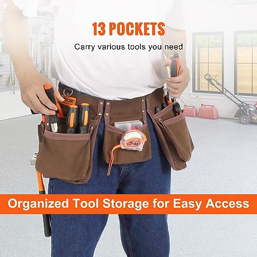 VEVOR Tool Belt, Adjusts from 29 Inches to 54 Inches, Heavy Duty Tool Pouch Bag with Dual Hammer Loops, Tool Bag for Electrician, Carpenter, VEVOR