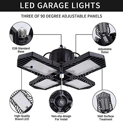 2 Pack LED Garage Lights,100W Deformable Led Garage Lighting 10000LM E26 Daylight 6000K LED Garage Ceiling Lighting Super Bright Adjustable Garage