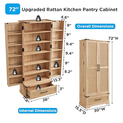 ACCOHOHO 72" Tall Rattan Kitchen Pantry Cabinet with Drawer, Boho Storage Cabinet with 2 Rattan Doors and Shelves, Versatile Large Cabinet for Dining