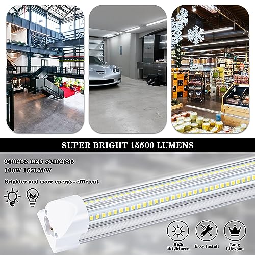 Gugsey 8Ft LED Shop Light Fixture - 100W 15500LM T8 Shop Lights for Garage, 6000K 8 Foot Daylight V Shape Linkable Garage Lights, High Output Clear - WoodArtSupply