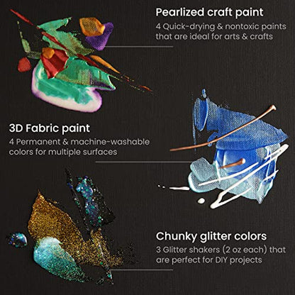 ARTEZA Acrylic Pouring Paint Kit, 36 Pieces, Bright and Iridescent Pouring Paint, Pearlized Paint, 3D Fabric Paint, Chunky Glitter, Wood Slices,