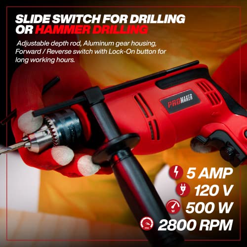 PROMAKER 5 AMP Hammer Drill, 1/2-inch, Corded Hammer Drill, Variable speed 0-3000 RPM, option to choose Drill and Hammer. PRO-TP550 - WoodArtSupply