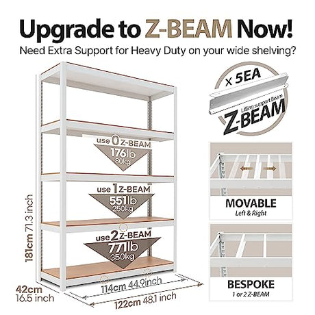 HOMEDANT House Z-Beam White 48" Wide Heavy Duty Garage Storage Shelving Adjustable 5-Tier Metal Shelves Laminated Organization Shelf Industrial HOMEDANT